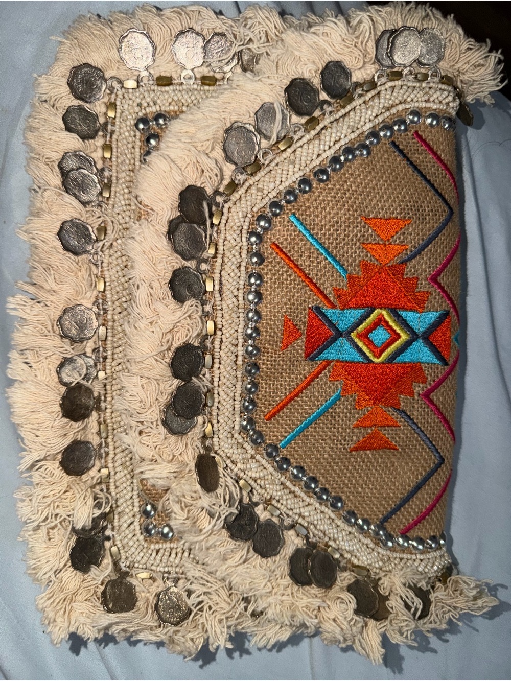 Boho Embroidered Fringe Clutch w strap- Natural with Orange & Turquoise Accents